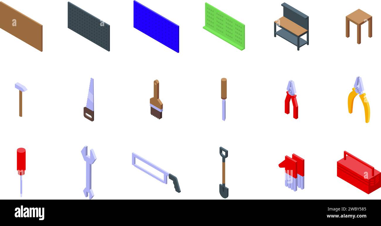 Les icônes de tableau d'outils de garage définissent le vecteur isométrique. Atelier intérieur. Équipement bureau en bois Illustration de Vecteur