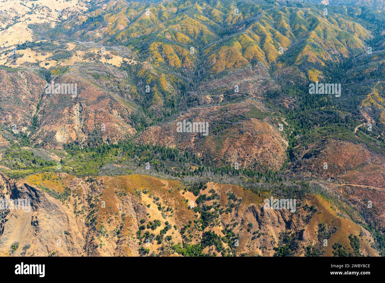 Vue aérienne du motif coloré et du relief des crêtes de montagne et des collines ondulantes Banque D'Images