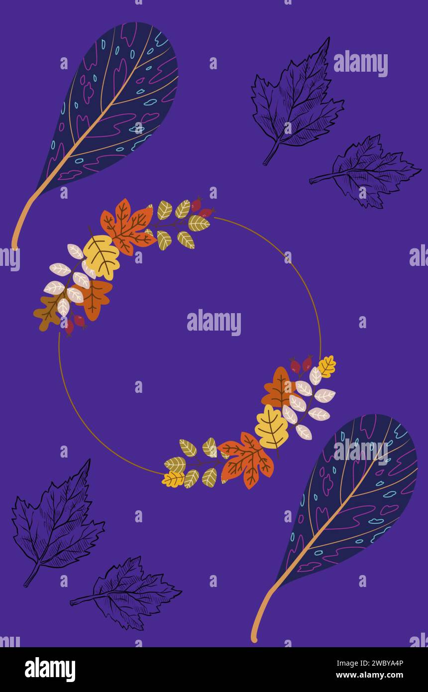 Un dessin minimal de fleurs et de feuilles avec des couleurs contrastées, un vecteur de fleurs et de feuilles d'automne papier peint sur fond violet. Illustration de Vecteur