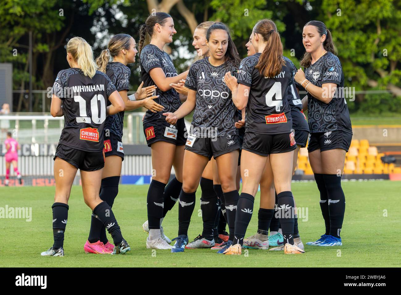 Sydney, Australie. 12 janvier 2024. Wellington Phoenix célèbre le but d'ouverture d'Emma main. Wellington Phoenix contre Central Coast Mariners. Liberty A League. Tour Unity. Leichardt Oval. Lilyfield. Sydney. Australie (Joe SERCI/SPP) crédit : SPP Sport Press photo. /Alamy Live News Banque D'Images