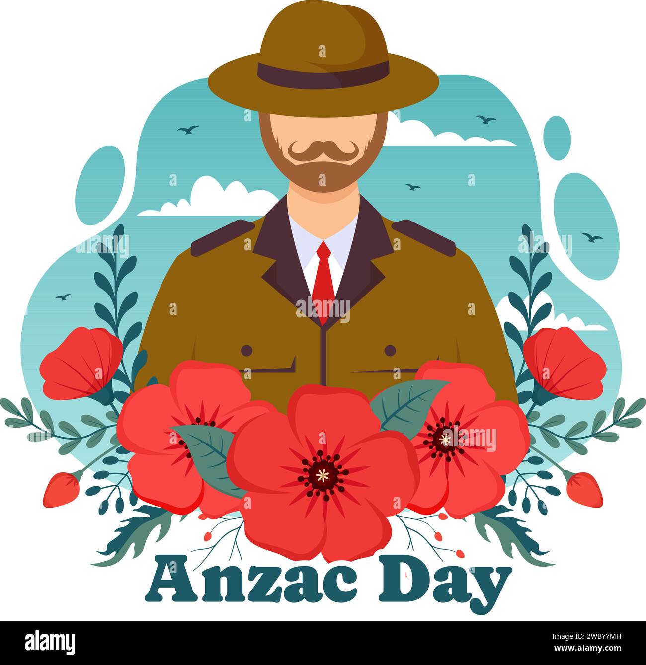 ANZAC Day of Lest nous oublions Vector Illustration le 25 avril avec le soldat du souvenir payant le respect et la fleur de coquelicot rouge dans le fond plat de dessin animé Illustration de Vecteur