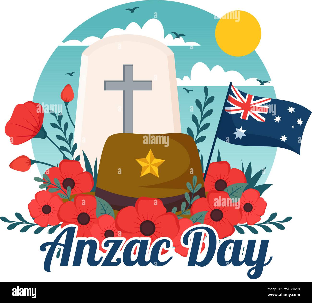 ANZAC Day of Lest nous oublions Vector Illustration le 25 avril avec le soldat du souvenir payant le respect et la fleur de coquelicot rouge dans le fond plat de dessin animé Illustration de Vecteur