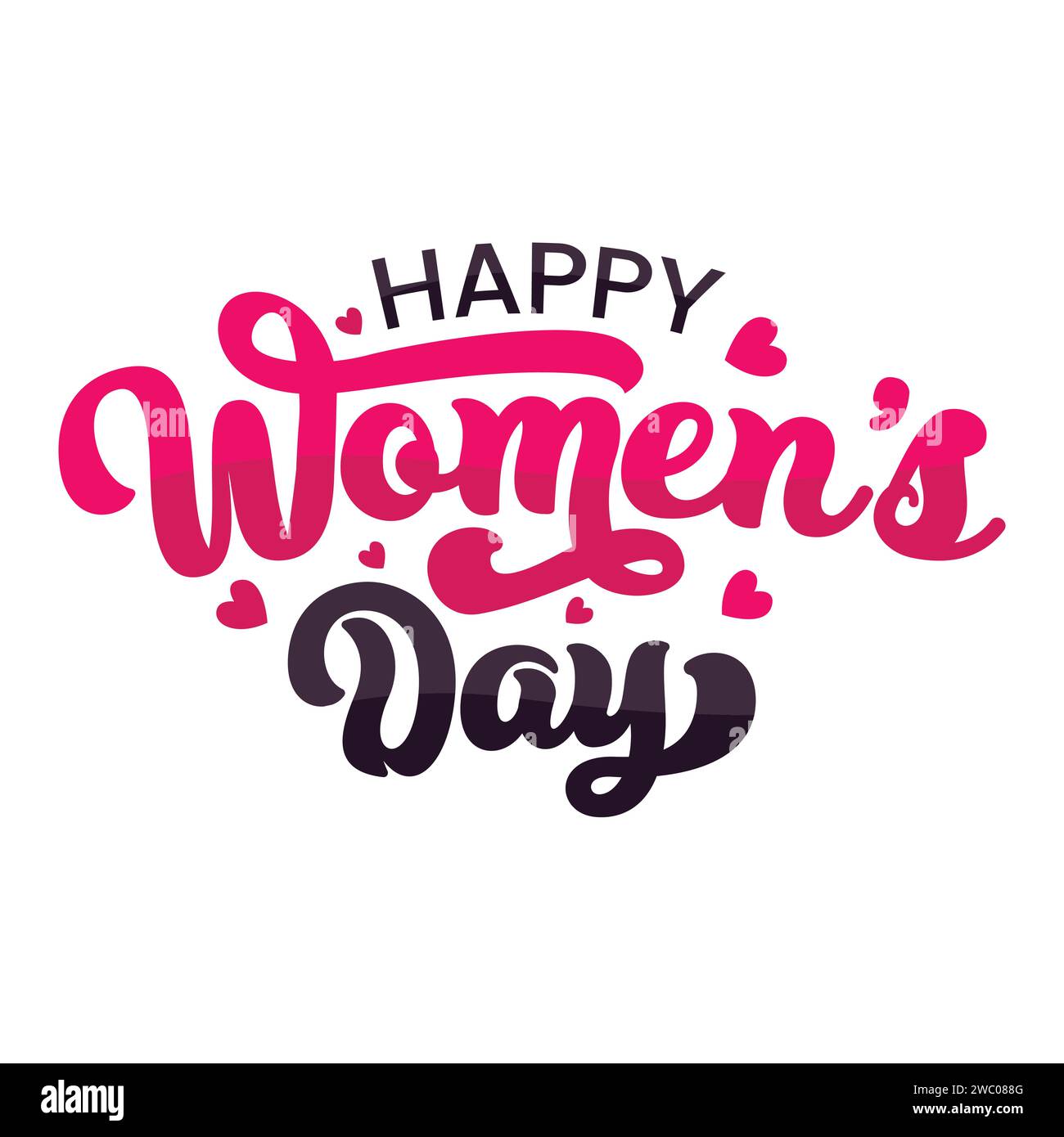 Belle illustration vectorielle de lettrage de script dessiné à la main pour la journée des femmes. Fond heureux de la journée des femmes avec des formes de coeur. Bonne calligraphie de la journée des femmes. Illustration de Vecteur