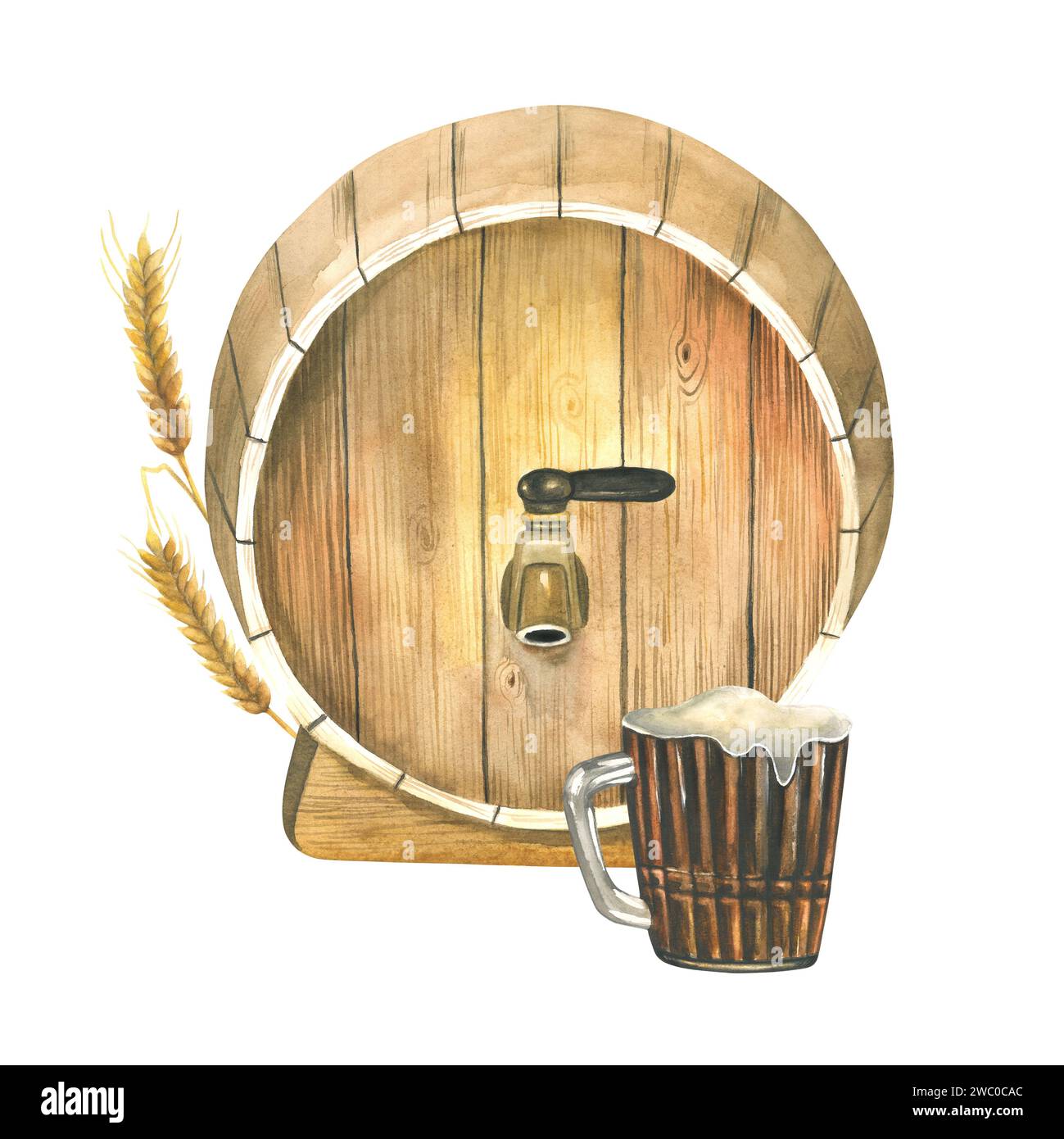 Illustration à l'aquarelle d'un tonneau de bière, d'une oreille d'orge, d'une tasse de bière, tirée à la main, isolée sur fond blanc Banque D'Images