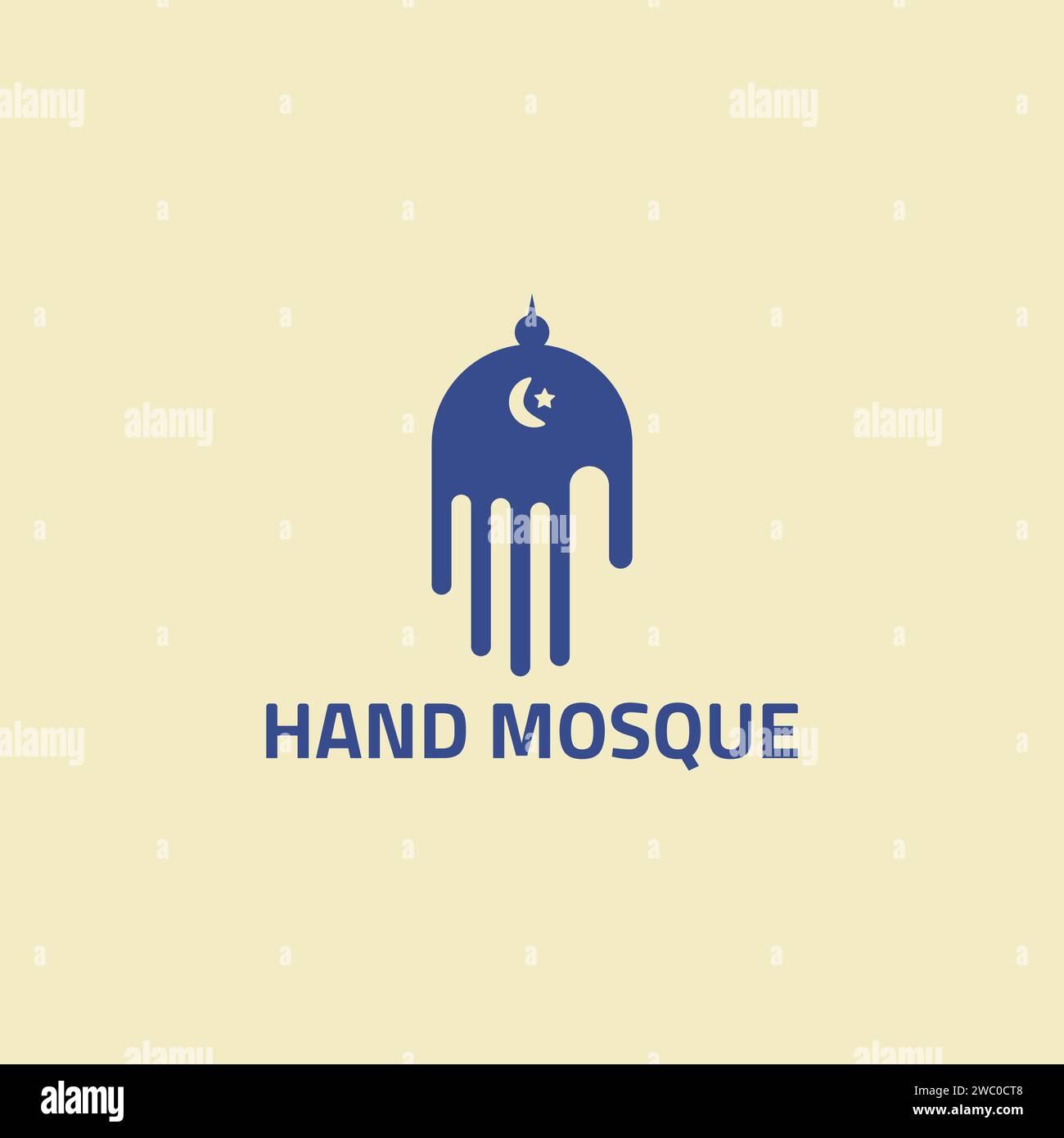 Logo main bleu avec espace négatif d'une mosquée. Illustration de Vecteur