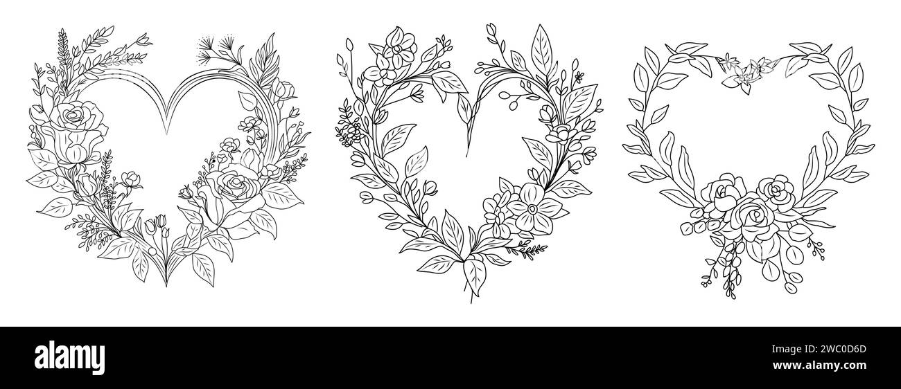 Ensemble de cadres floraux en forme de coeur avec des fleurs roses Illustration de Vecteur