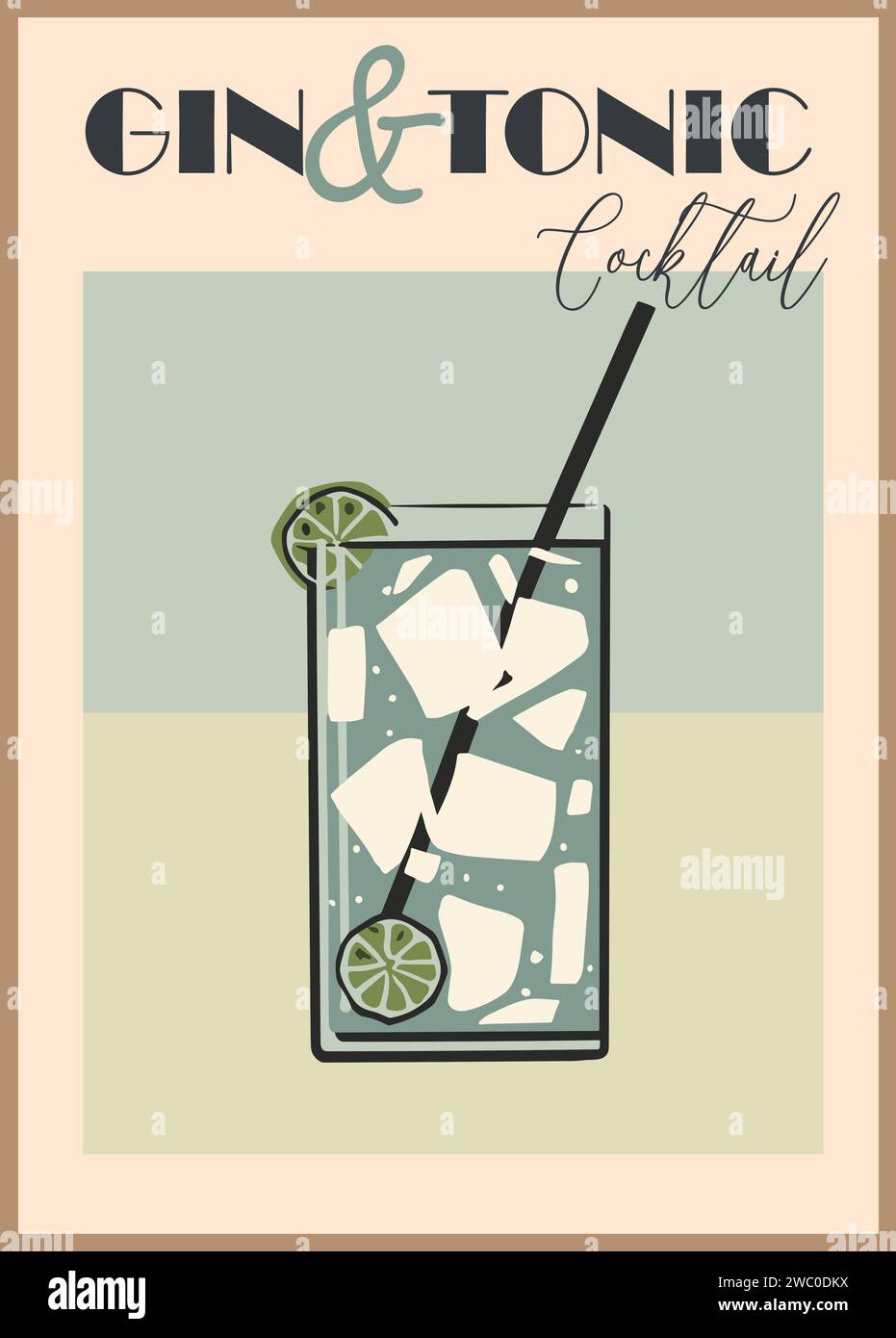 Imprimé cocktail classique gin et tonic coloré. Illustration de Vecteur