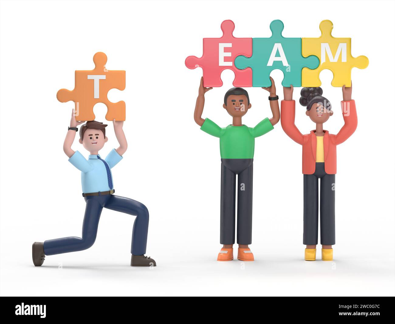 Les hommes d'affaires mettant ensemble Jigsaw le mot Team.3D rendu sur fond blanc. Banque D'Images