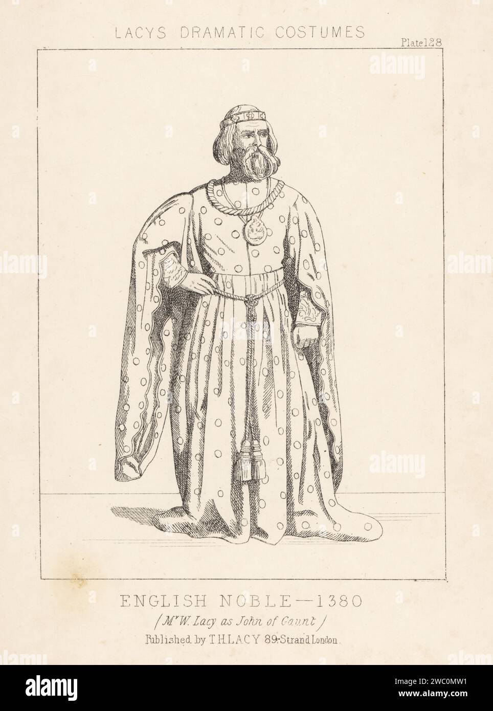 L'acteur anglais Walter Lacy dans le rôle de Jean de Gand, noble anglais du 14e siècle, dans la pièce d'histoire de William Shakespeare Richard II En diadem, robe longue avec manches pendantes dentelées, col or et chaîne. Lithographie de Thomas Hailes Lacy's Male costumes, Historical, National and Dramatic in 200 plates, Londres, 1865. Lacy (1809-1873) était un acteur, dramaturge, directeur de théâtre et éditeur britannique. Banque D'Images L'acteur anglais Walter Lacy dans le rôle de Jean de Gand, noble anglais du 14e siècle, dans la pièce d'histoire de William Shakespeare Richard II En diadem, robe longue avec manches pendantes dentelées, col or et chaîne. Lithographie de Thomas Hailes Lacy's Male costumes, Historical, National and Dramatic in 200 plates, Londres, 1865. Lacy (1809-1873) était un acteur, dramaturge, directeur de théâtre et éditeur britannique. Banque D'Images
