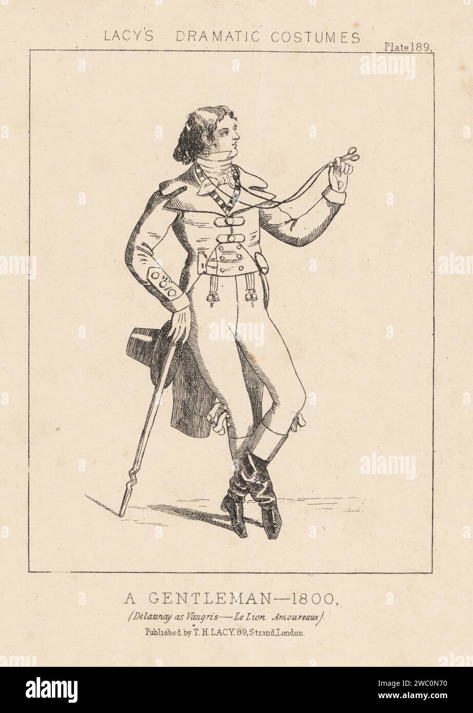 L'acteur français Louis-Arsène Delaunay dans le rôle de Vaugris dans le Lion amoureux de François Ponsard au Théâtre Français, 1866. En costume d'un gentleman de 1800. FOP en manteau d'équitation, cravate, culottes, bottes, tenant une lorgnette et canne. Lithographie de Thomas Hailes Lacy's Male costumes, Historical, National and Dramatic in 200 plates, Londres, 1865. Lacy (1809-1873) était un acteur, dramaturge, directeur de théâtre et éditeur britannique. Banque D'Images