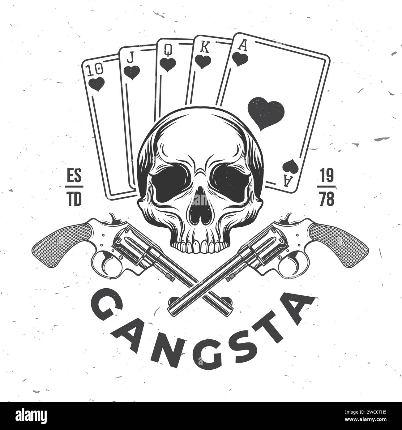 Gangsta. Motif d'écusson criminel de rue. Illustration vectorielle. Étiquette monochrome vintage, autocollant, patch avec crâne squelette et silhouette de cartes pocker. Illustration de Vecteur