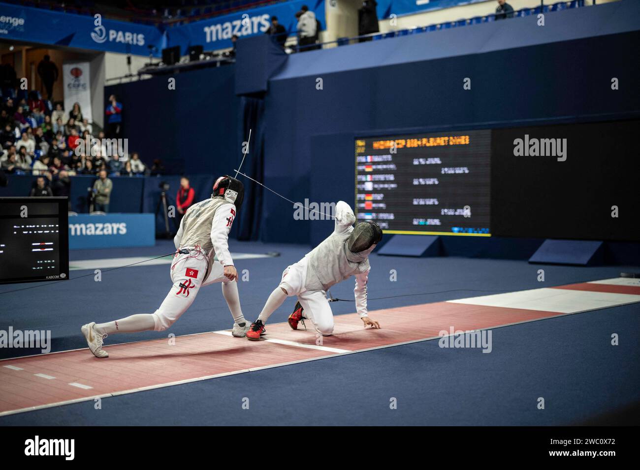 Paris, France. 13 janvier 2024. Match d'escrime entre Fukuda Ryosuke et Choi Chun Yin Ryan lors du Mazars Challenge International de Paris le 13 janvier 2024. Photo Eliot Blondet/ABACAPRESS.COM crédit : Abaca Press/Alamy Live News Banque D'Images