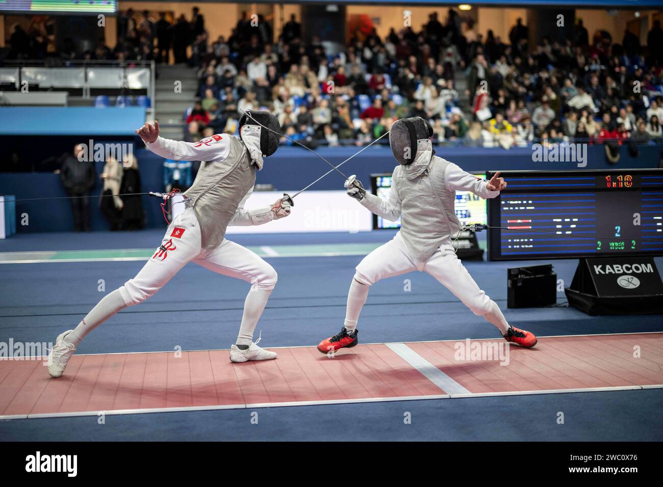 Paris, France. 13 janvier 2024. Match d'escrime entre Fukuda Ryosuke et Choi Chun Yin Ryan lors du Mazars Challenge International de Paris le 13 janvier 2024. Photo Eliot Blondet/ABACAPRESS.COM crédit : Abaca Press/Alamy Live News Banque D'Images