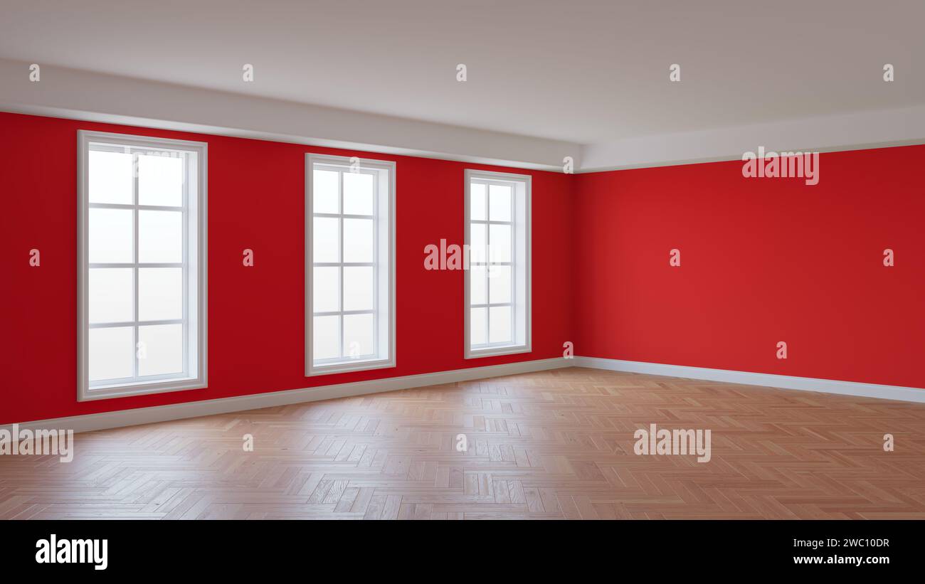 Intérieur vide de la salle avec murs en stuc rouge, trois grandes fenêtres, parquet brillant à chevrons et un Plinth blanc. Concept de l'intérieur non meublé. Rendu 3D, Ultra HD 8k, 7680x4320 Banque D'Images