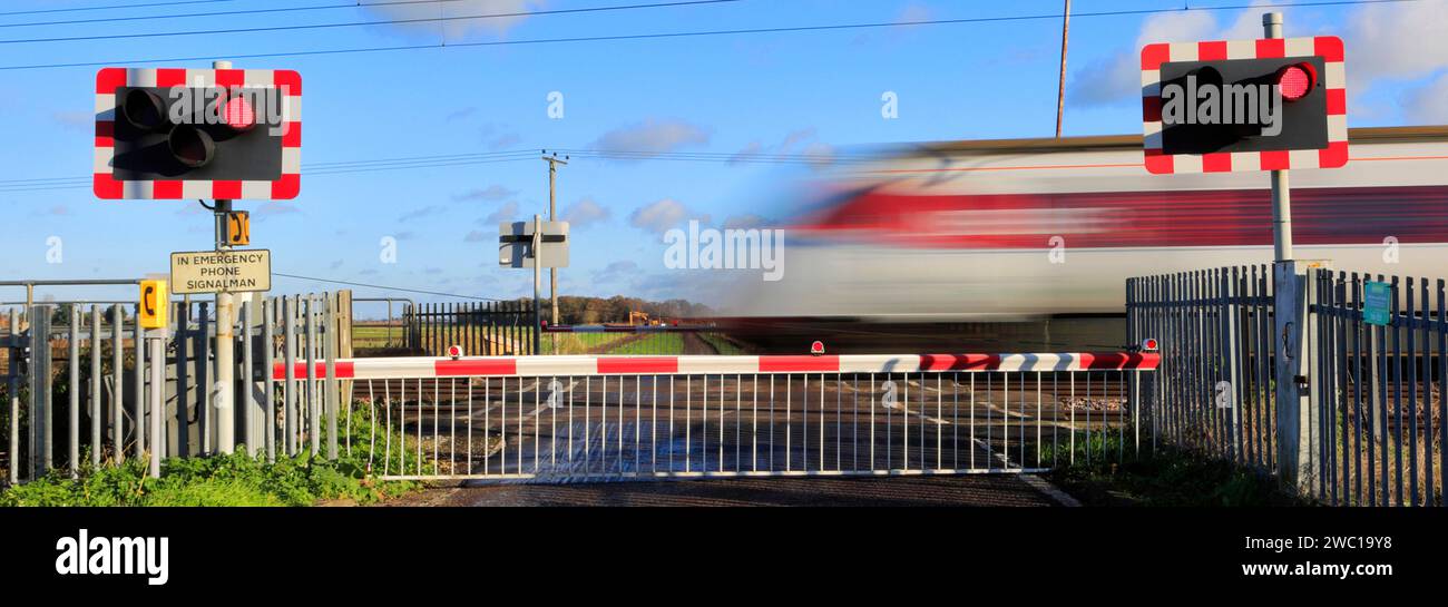 Un train Azuma passant des feux rouges à un passage à niveau sans pilote, East Coast main Line Railway, Holme, Cambridgeshire, Angleterre, Royaume-Uni Banque D'Images