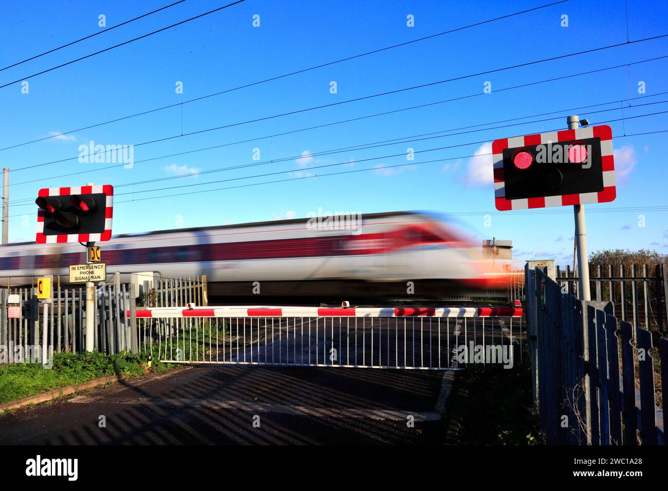 Un train Azuma passant des feux rouges à un passage à niveau sans pilote, East Coast main Line Railway, Holme, Cambridgeshire, Angleterre, Royaume-Uni Banque D'Images