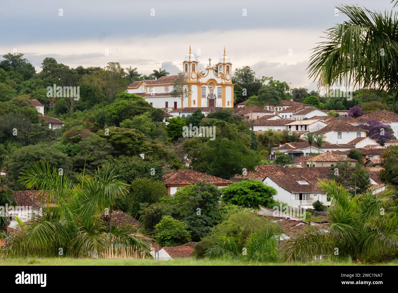 Vue sur la ville, la forêt, les maisons et l'église de Santo Antonio à Tiradentes, Minas Gerais Banque D'Images