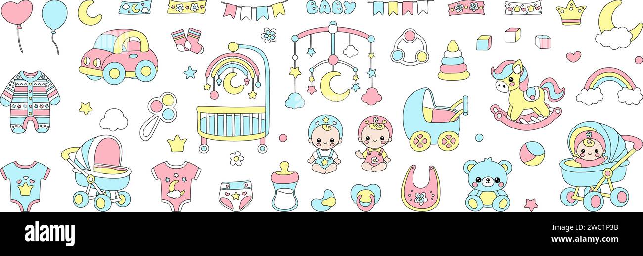 Ensemble d'icônes de soins pour bébés pour les filles et les garçons nouveau-nés. Collection pastel de pépinière de dessin animé avec des jouets, cheval à bascule, berceau et vêtements pour la maternelle. Vecteur Illustration de Vecteur