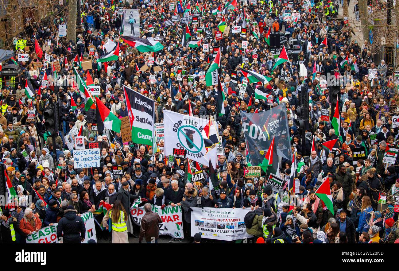 Londres, Royaume-Uni 13 janv. 2024rstmars pour Palestine-cessez-le-feu maintenant. Des milliers de personnes de toute l'Angleterre défilent dans le centre de Londres pour appeler à un cessez-le-feu immédiat. Jusqu'à présent, plus de 22 000 Palestiniens ont été tués dans le conflit suite à l'attaque du 7 octobre. Crédit : Karl Black/Alamy Live News Banque D'Images