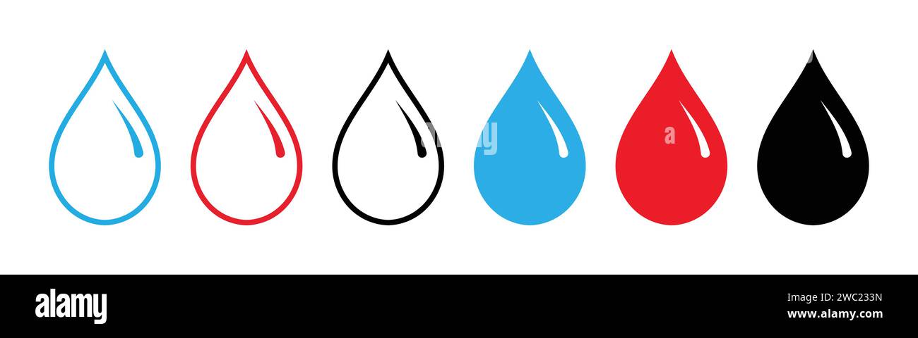 Jeu d'icônes d'eau brillante, de sang et de goutte d'huile. Icônes de gouttes bleues, rouges et noires encadrées et remplies isolées sur fond blanc. Illustration de Vecteur