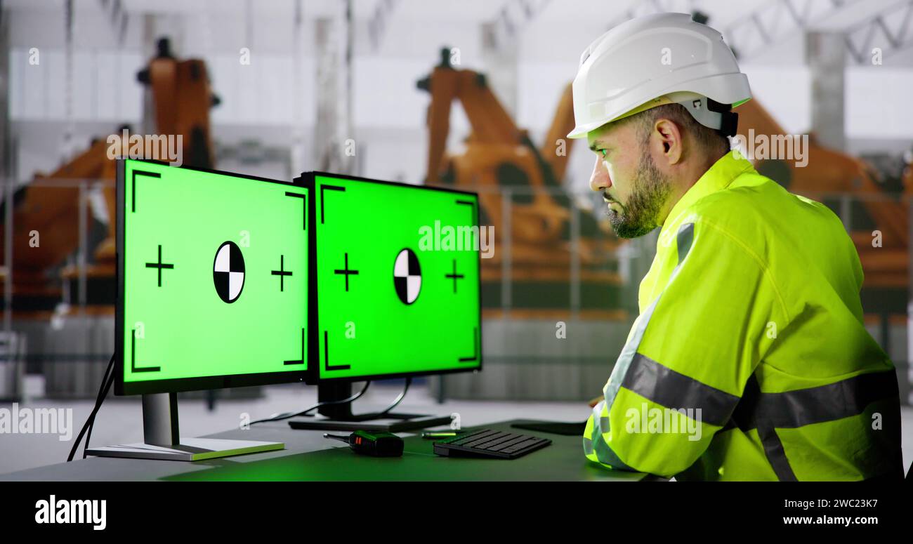 Ingénieur utilisant le moniteur de PC avec l'écran vert dans Modern car Factory Banque D'Images Ingénieur utilisant le moniteur de PC avec l'écran vert dans Modern car Factory Banque D'Images