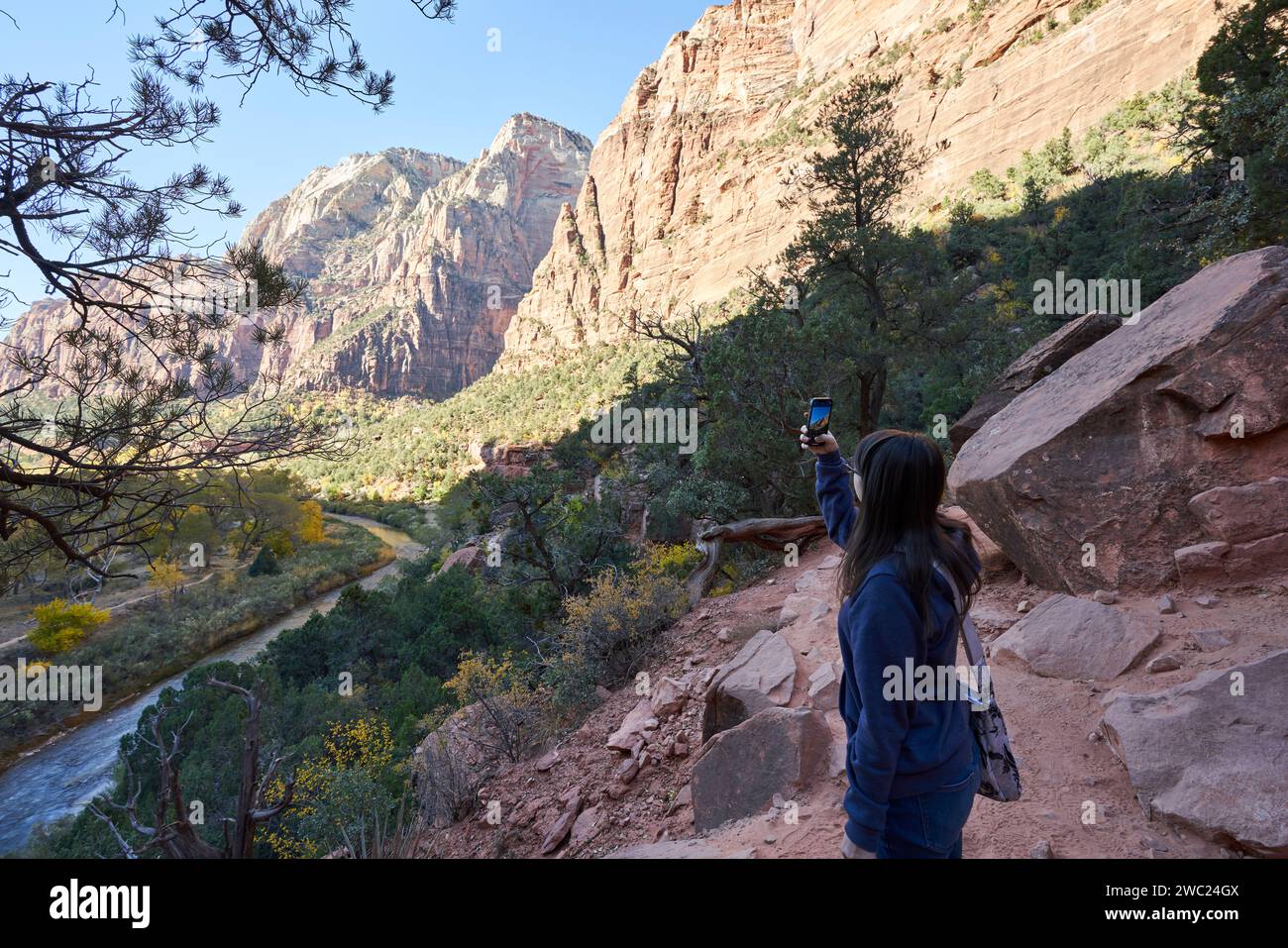 Une touriste explore un sentier dans le parc national de zion avec la caméra de son téléphone. Elle prend une photo de la rivière vierge et des sommets de montagne à proximité. Banque D'Images