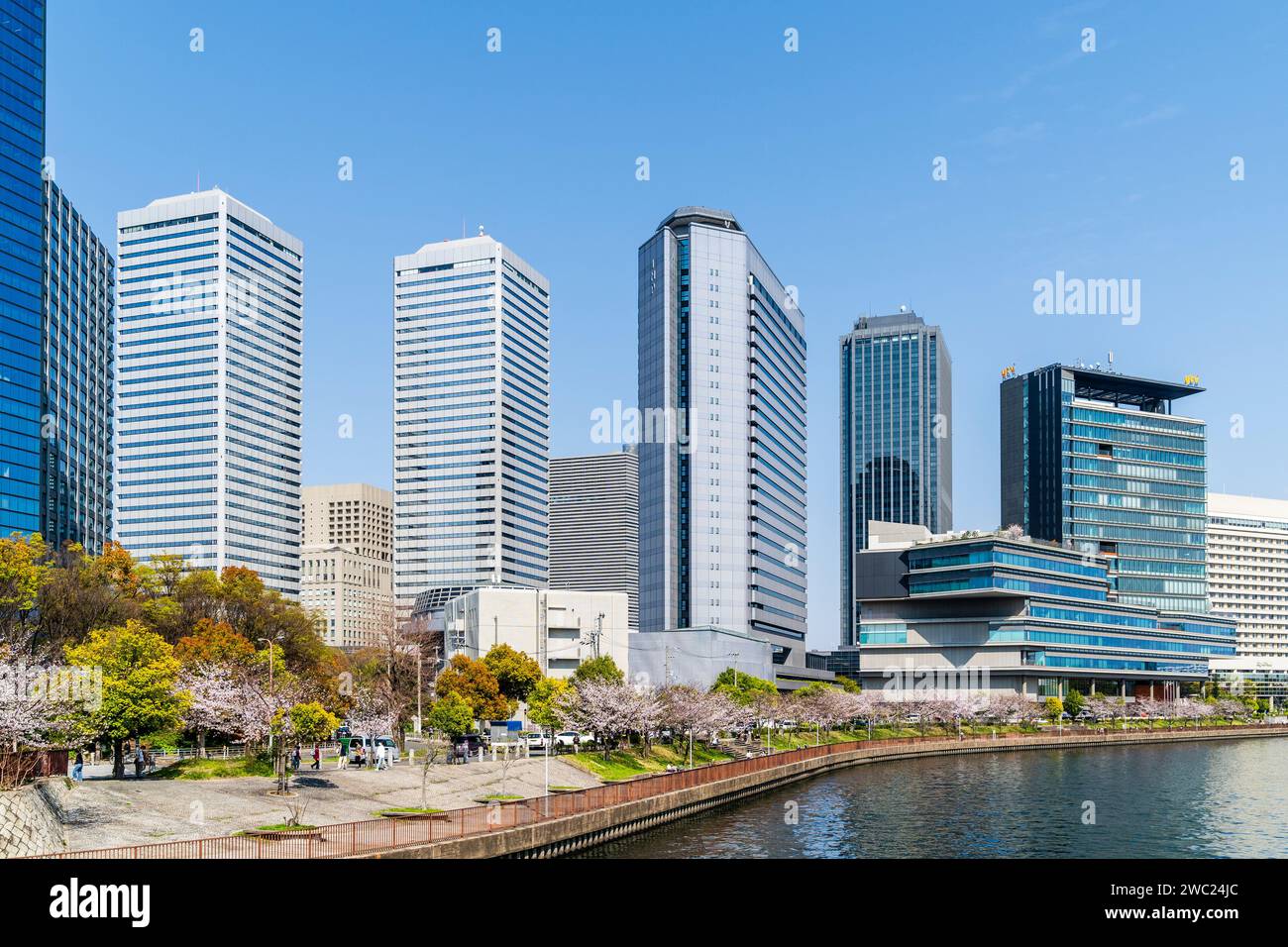 Vue depuis le pont Shinshigino du parc d'affaires d'Osaka avec le bâtiment IMP, les tours jumelles Panasonic et d'autres, avec la rivière Okawa et les cerisiers en fleurs. Banque D'Images
