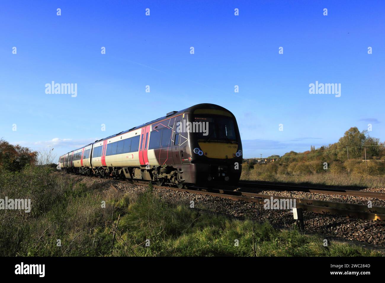 170106 C2C train à Whittlesey Town, Fenland, Cambridgeshire, Angleterre Banque D'Images