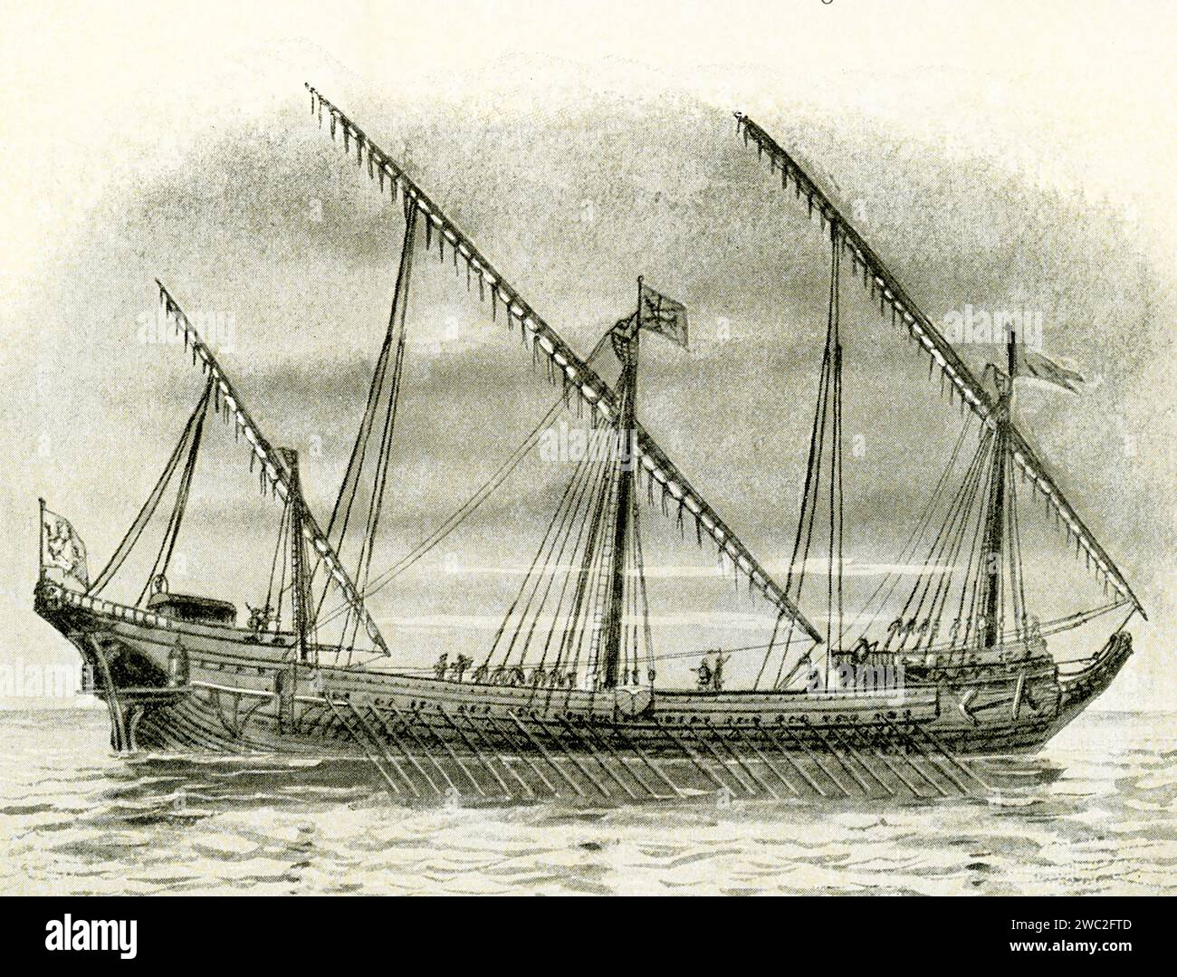 Galleass vénitien de la fin du 16e siècle - une grande galère rapide utilisée en particulier comme navire de guerre par les pays méditerranéens aux 16e et 17e siècles et ayant à la fois des voiles et des rames, mais généralement propulsée principalement par l'aviron. Banque D'Images