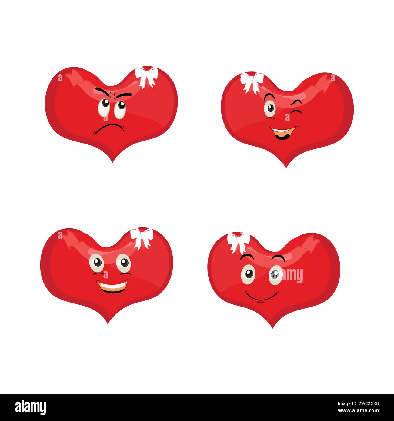 Coeur drôle personnage de dessin animé pose différente. Personnage de coeur rouge de dessin animé avec le visage drôle. Joyeux ensemble d'emoji coeur mignon. Illustration vectorielle d'amour Illustration de Vecteur