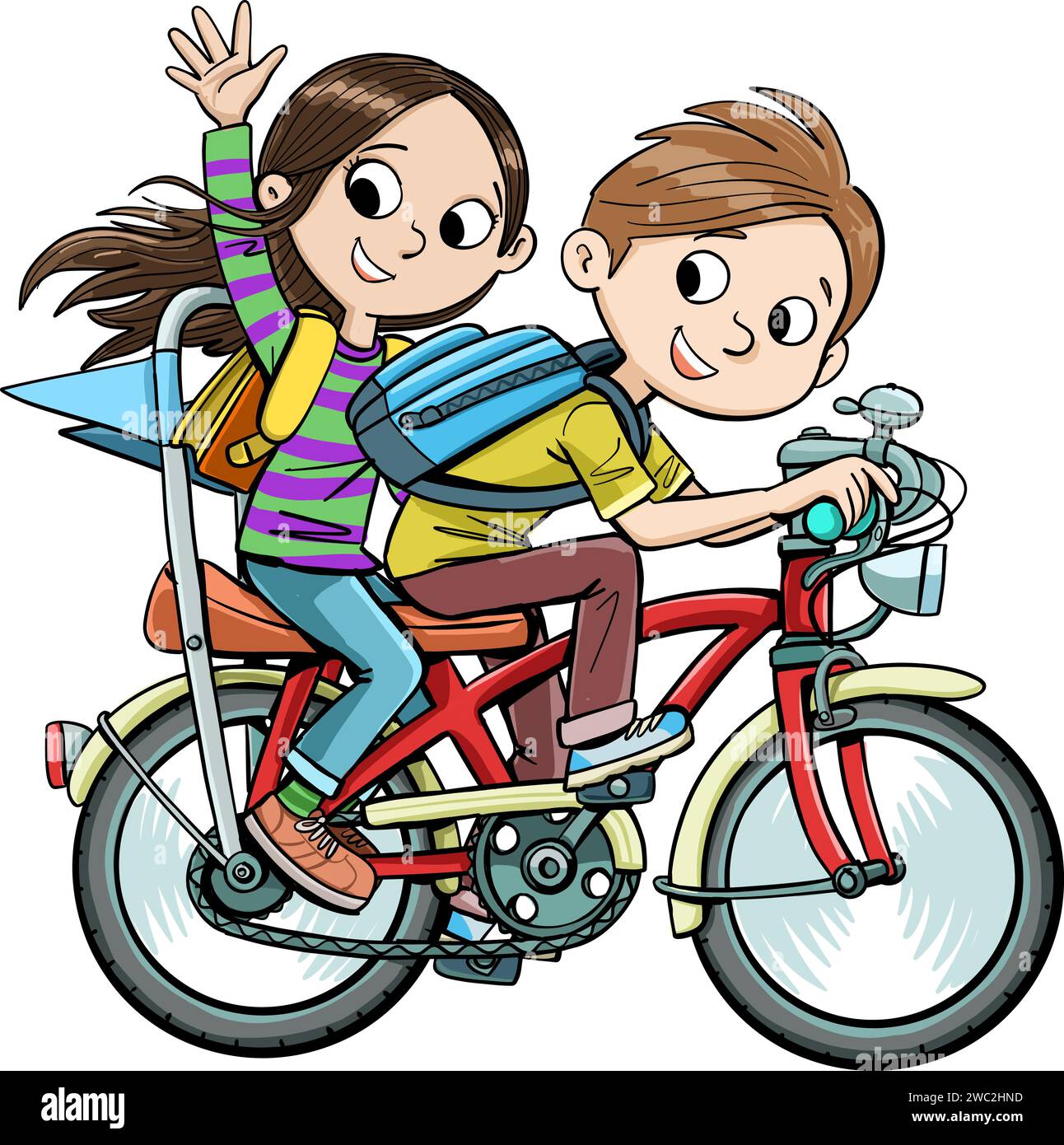 les enfants vont à l'école à vélo Banque D'Images