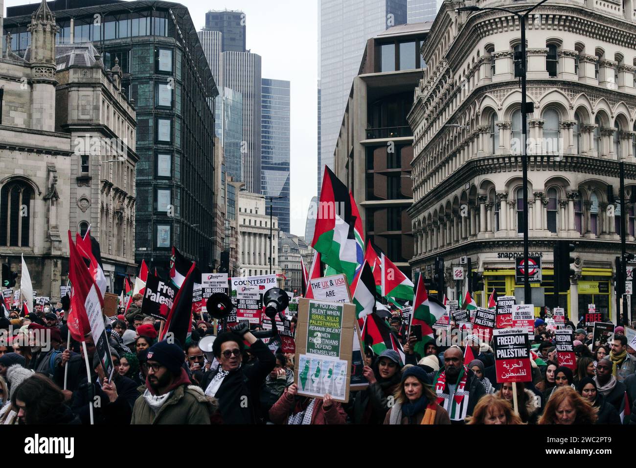 Londres, Royaume-Uni. 13 janvier 2024 plusieurs milliers de personnes ont défilé dans les rues en soutien à la Palestine et au Yémen contre les récentes frappes menées par le Royaume-Uni/les États-Unis. Il s'agit de la première manifestation majeure de 2024, qui a vu une forte participation malgré le froid. © Amstel Adams/ Alamy Live News Banque D'Images