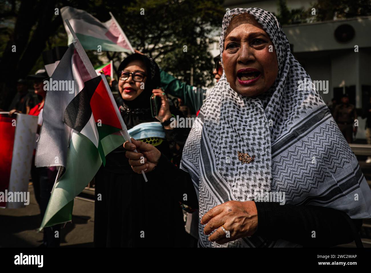 13 janvier 2024, Bangkok Thaïlande : des manifestants participent à la manifestation. Un groupe d’activistes et de manifestants pro-palestiniens ont manifesté devant l’ambassade des États-Unis à Bangkok pour appeler à un cessez-le-feu permanent à Gaza et marquer la Journée mondiale d’action pour Gaza. (Image de crédit : © Wissarut Weerasopon/ZUMA Press Wire) USAGE ÉDITORIAL SEULEMENT! Non destiné à UN USAGE commercial ! Banque D'Images