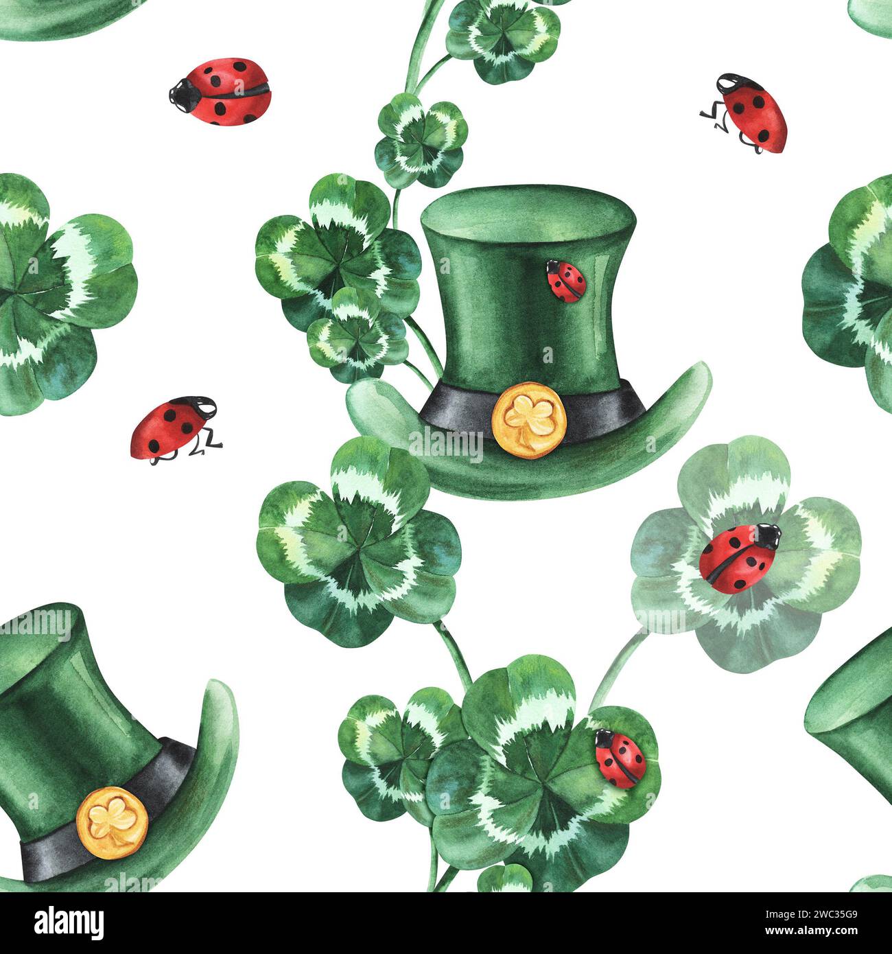 Motif sans couture de trèfle shamrock à quatre feuilles de Leprechaun avec coccinelle et fleurs, pour bonne chance. Illustration à l'aquarelle, dessinée à la main. Pour textile, pap Banque D'Images