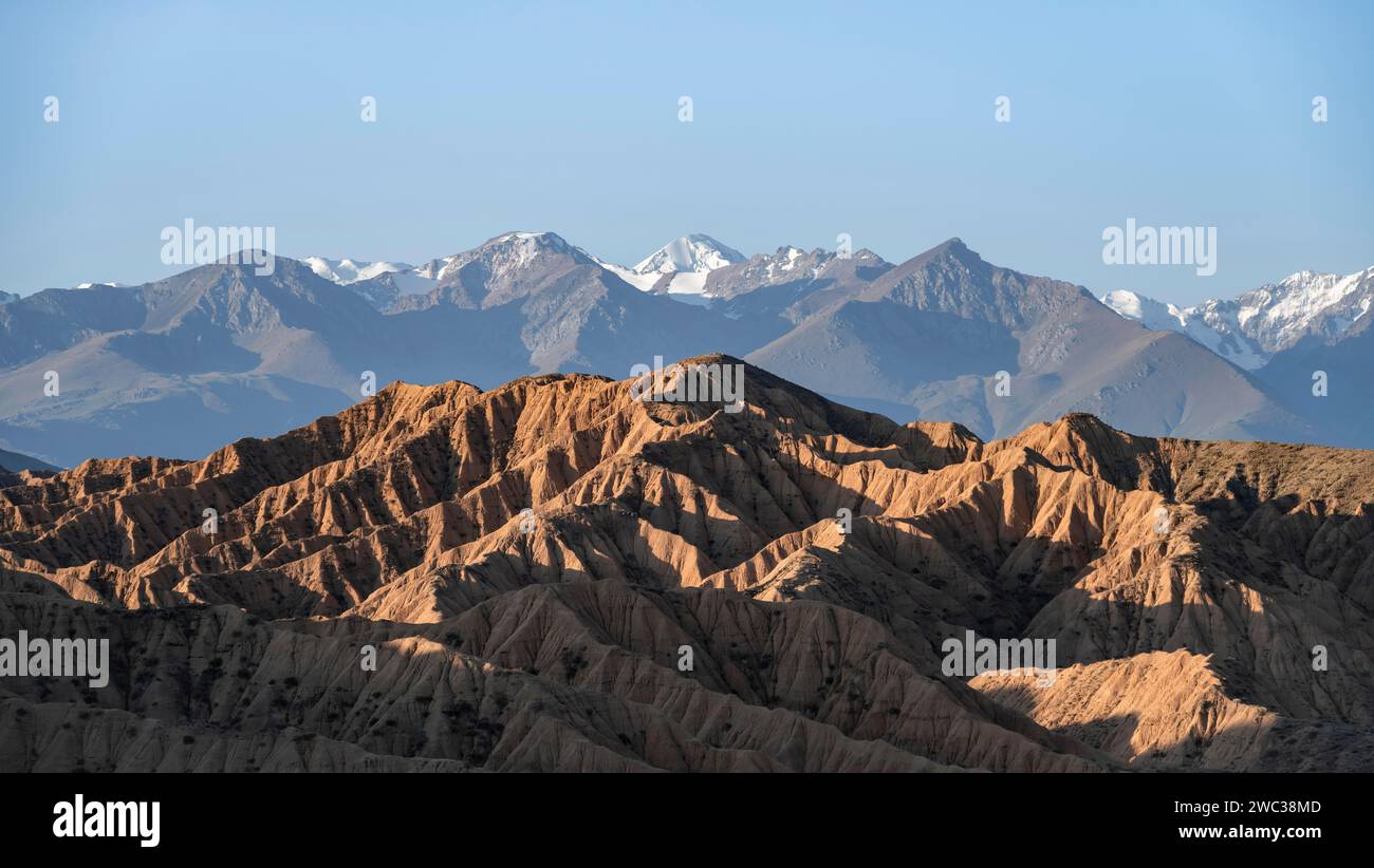 Lever du soleil sur les canyons, montagnes Tian Shan en arrière-plan, paysage vallonné érodé, badlands, Vallée des rivières oubliées, près de Bokonbayevo Banque D'Images