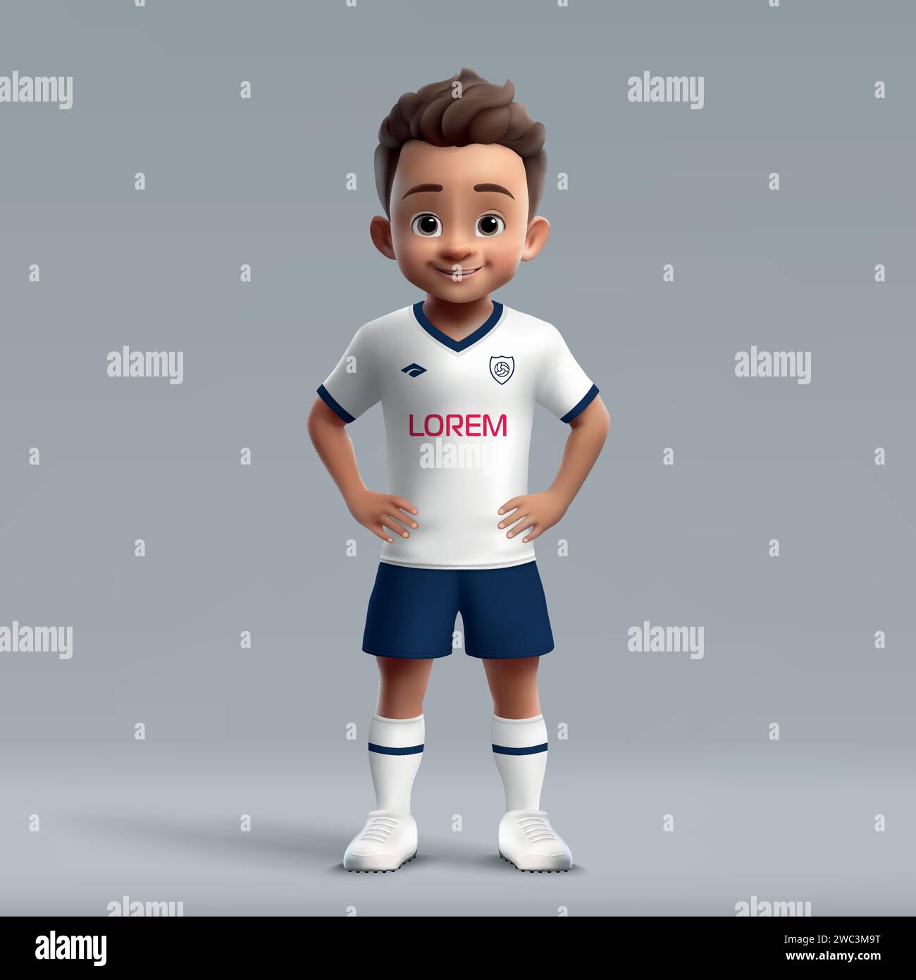 Dessin animé 3d mignon jeune joueur de football en uniforme de football Tottenham Hotspur. Maillot de l'équipe de football Illustration de Vecteur