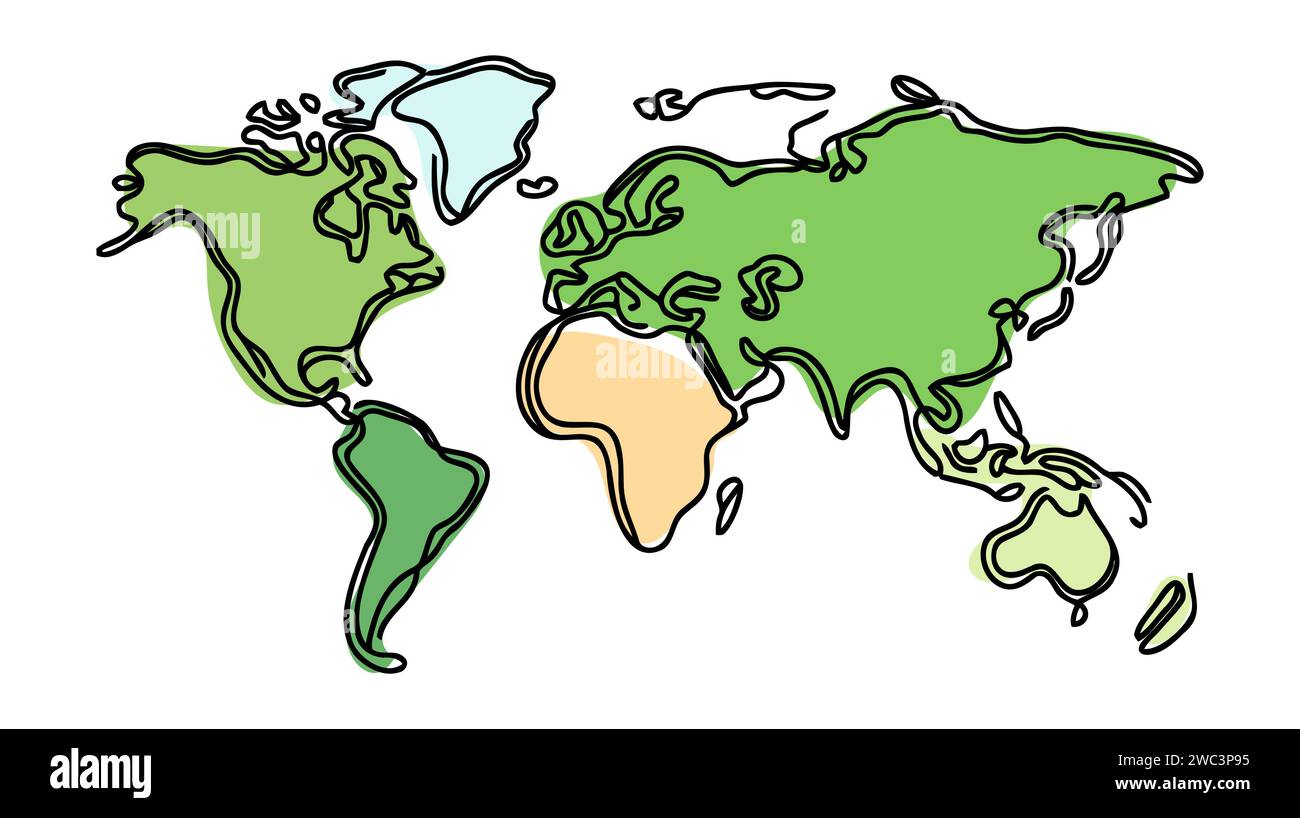 Vecteur de dessin continu de ligne d'icône de carte du monde. Fond vectoriel d'icône de carte du monde d'une ligne. Icône de carte du monde. Illustration de Vecteur