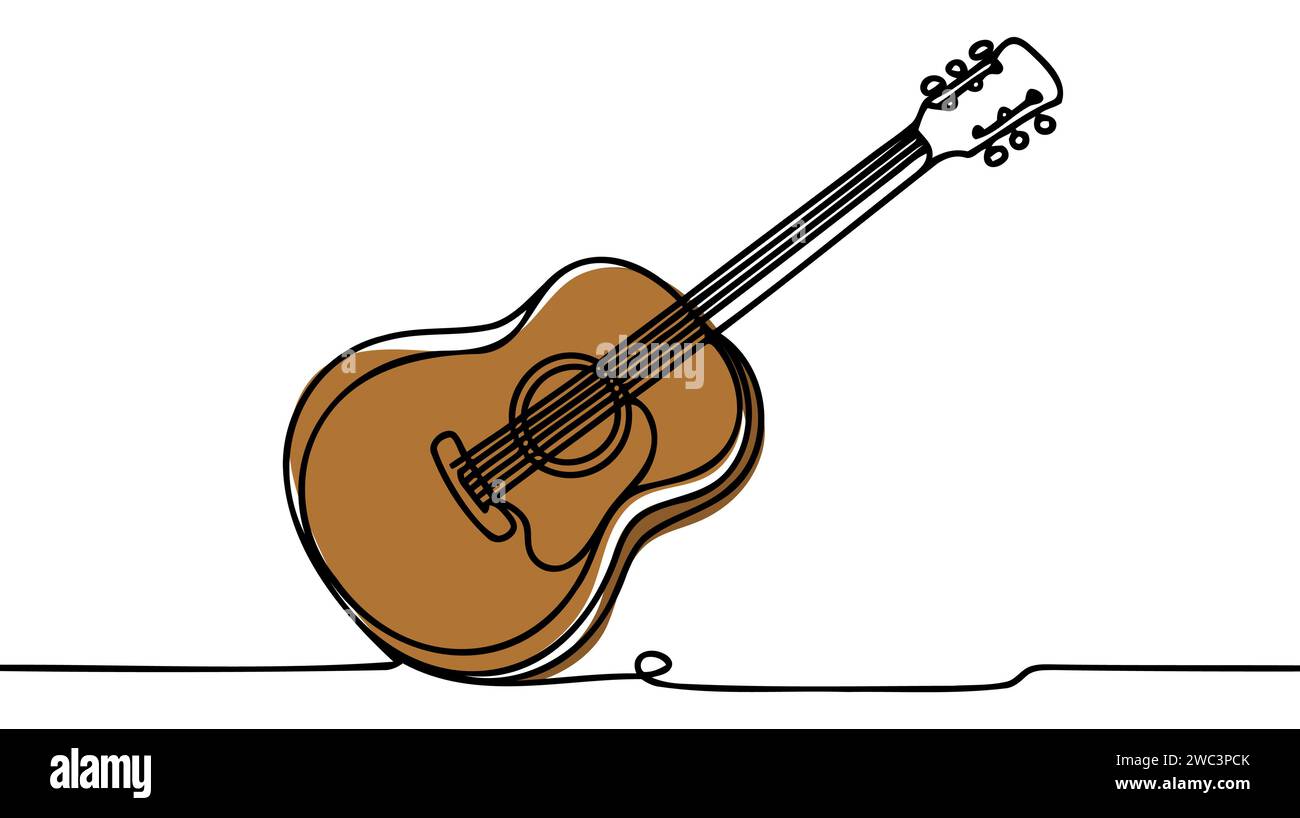 Un dessin à une seule ligne de guitare acoustique classique en bois. Illustration de Vecteur