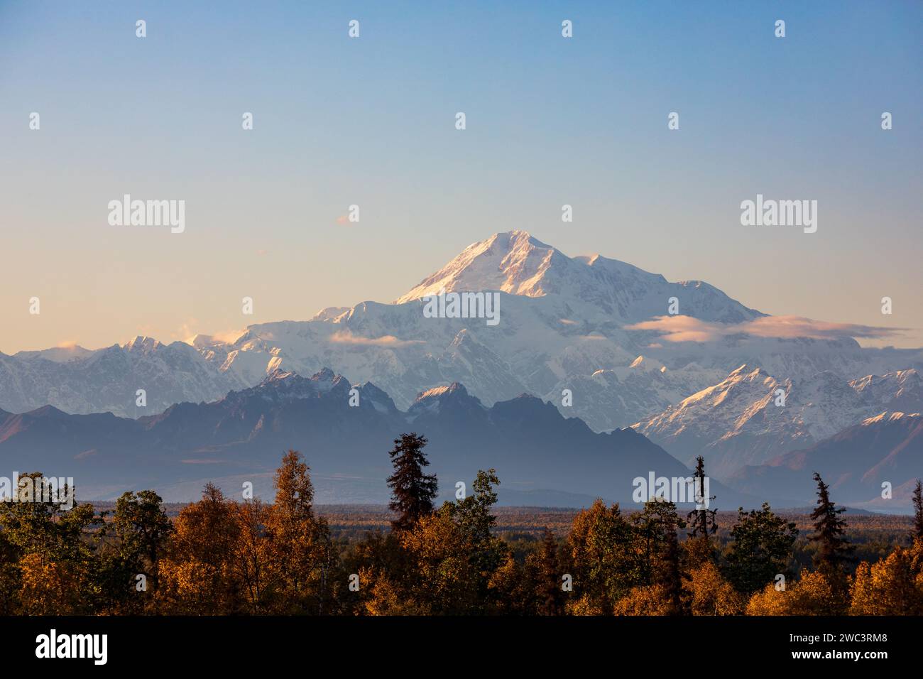 Lumière crépusculaire sur la chaîne montagneuse enneigée de l'Alaska avec des arbres forestiers aux couleurs d'automne au premier plan Banque D'Images