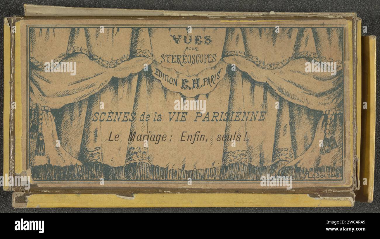 Boîte avec six photos stéréo sur la vie de mariage, c. 1870 - c. 1890 stéréographe. Boîte six photos stéréo dans la boîte d'origine. Paris carton imprimé albumen Paris Banque D'Images