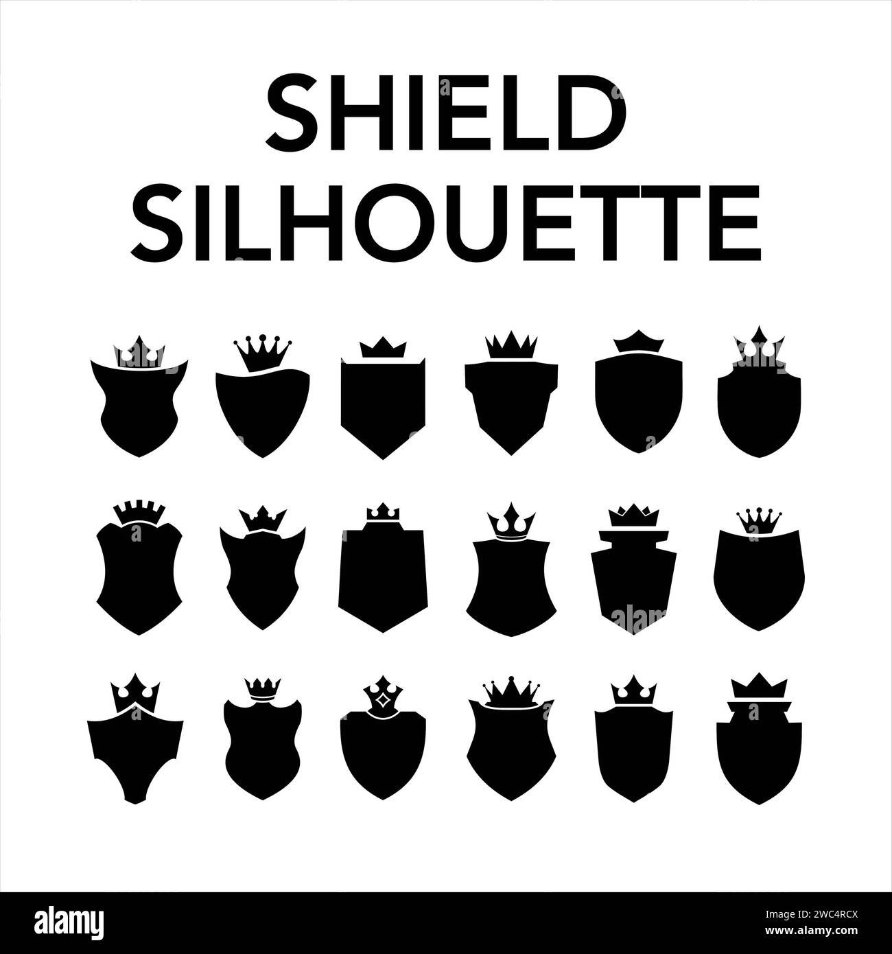 Icône Silhouette Shield définie dans un style vintage, protéger les icônes de ligne de sécurité Shield. Badge, signe, logo ou emblème, illustration vectorielle Banque D'Images