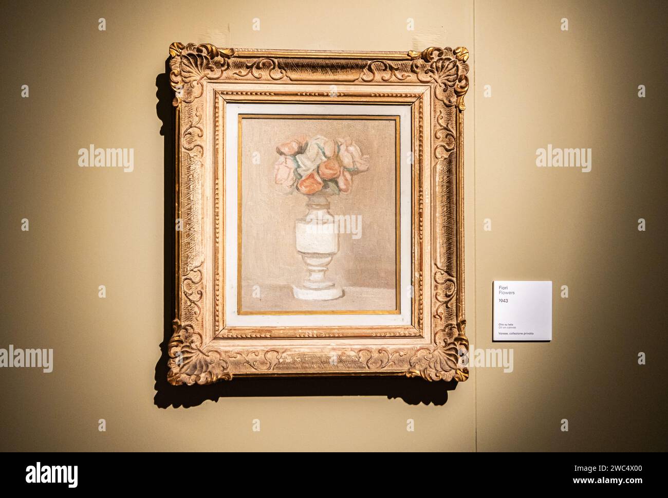 Huile sur toile 'nature morte' (1940) : à l'exposition de peintures du peintre italien Giorgio Morandi, Palazzo Reale, Milan, Italie du Nord, Europe Banque D'Images