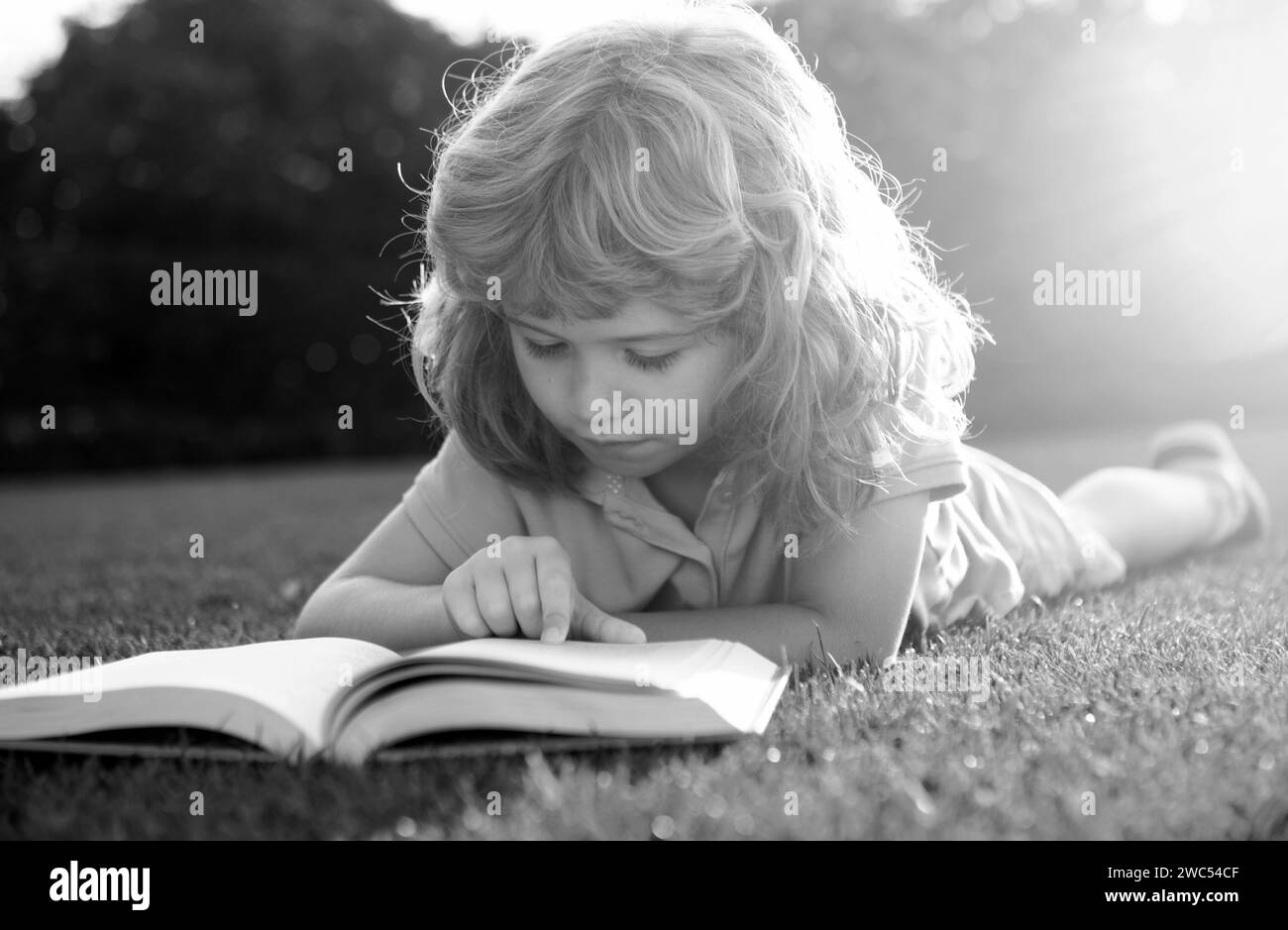 Des enfants intelligents et intelligents.Enfant garçon lisant le livre d'intérêt dans le jardin.L'été s'amuser.Adorable garçon allongé sur l'herbe lisant un livre pour enfants. Banque D'Images