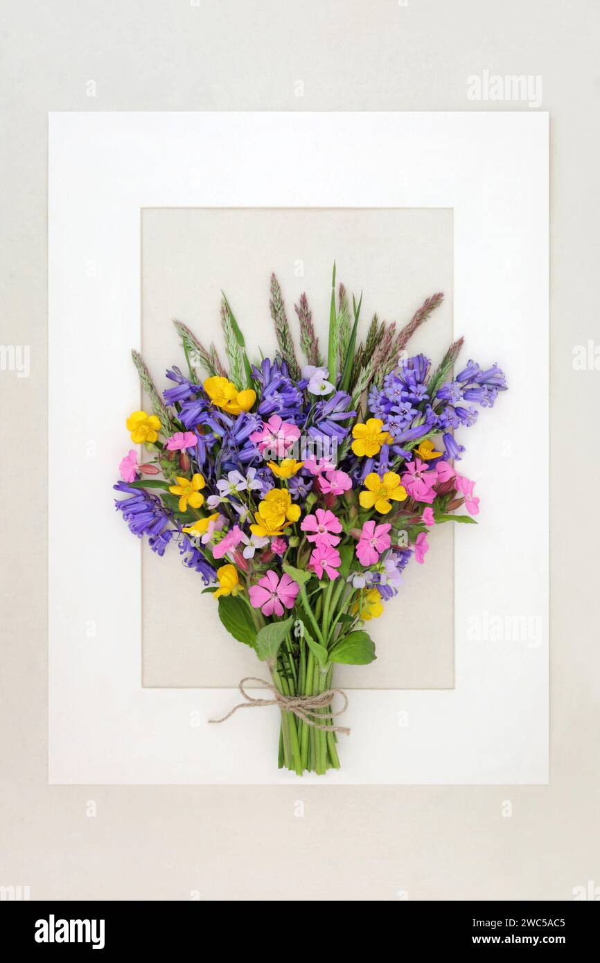 Bouquet de fleurs sauvages Beltane printemps avec bluebell, campion rouge, Buttercup et fleurs nemesia avec herbe des prairies. Cadre de fond floral. Banque D'Images