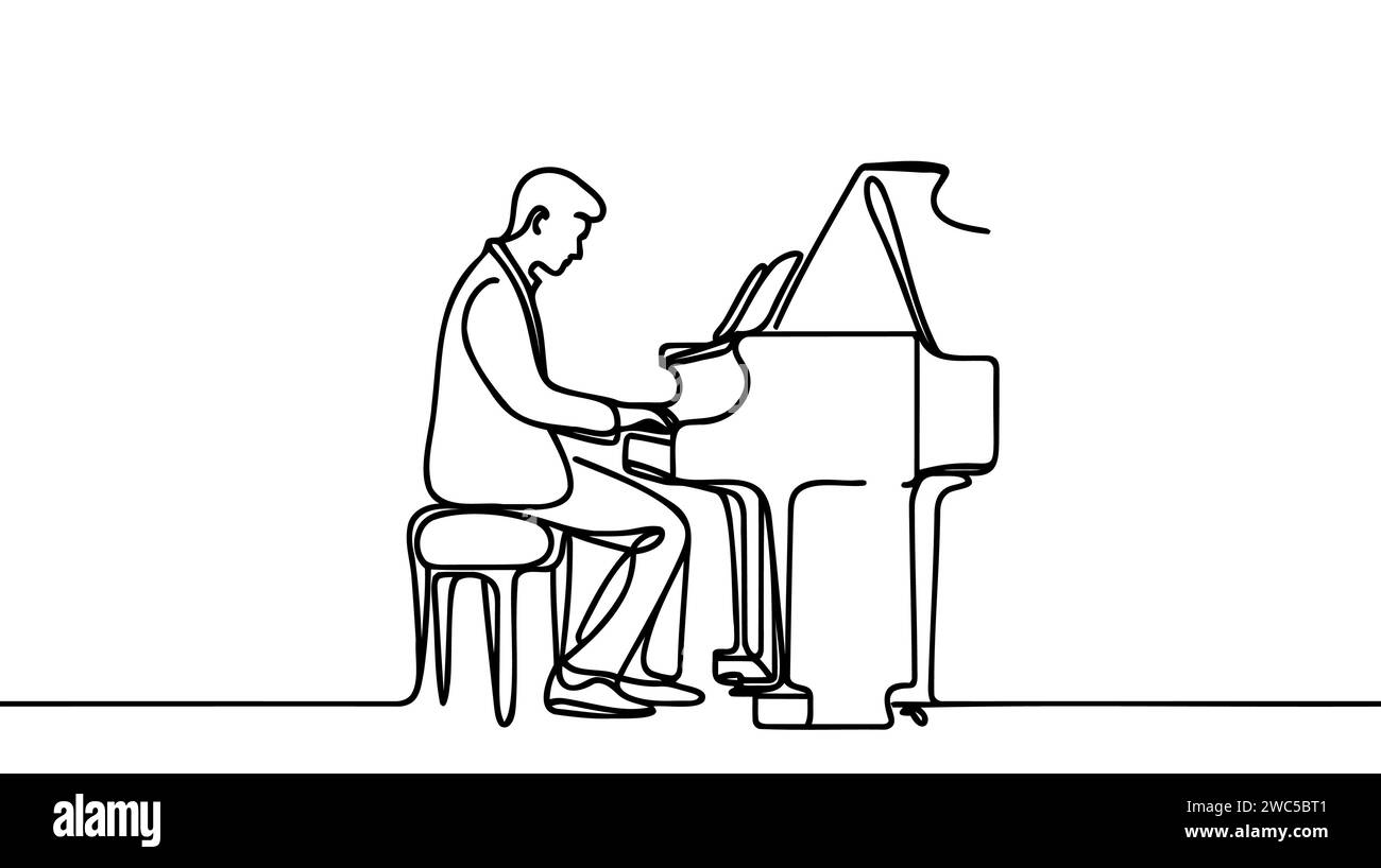 Un dessin au trait continu de jeune pianiste heureux jouant du piano à queue classique sur le festival de théâtre de concert de musique. Artiste musicien performance con Illustration de Vecteur