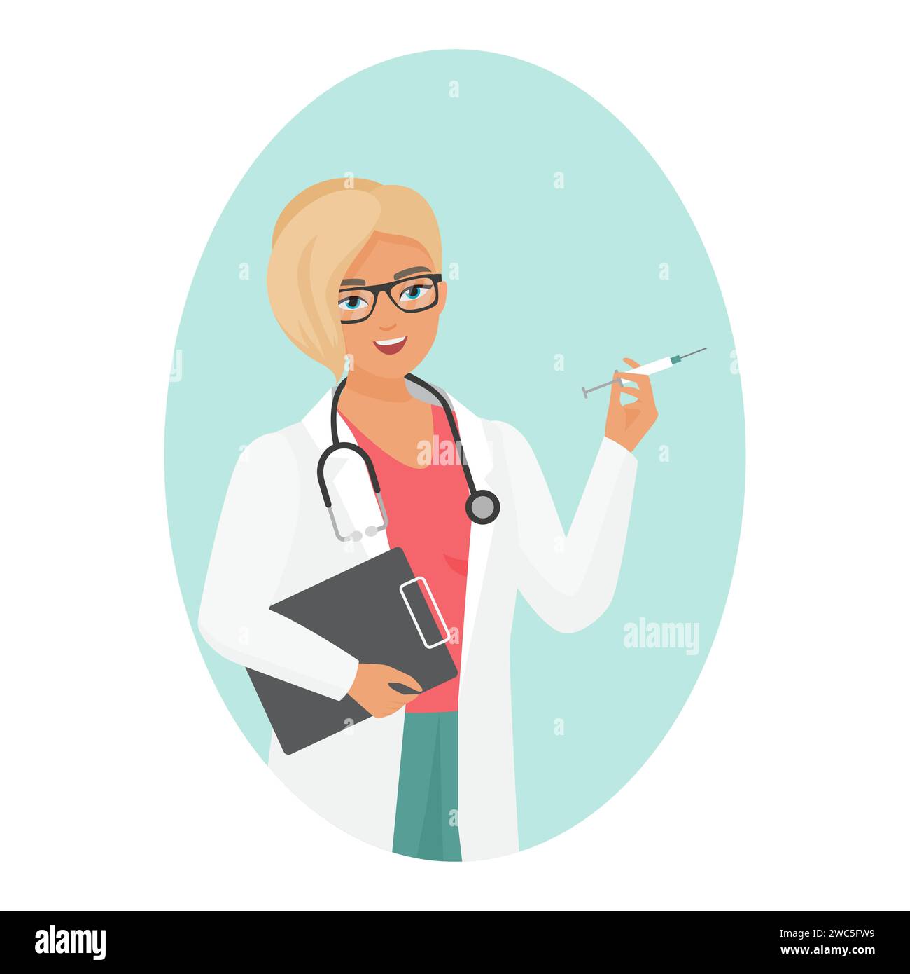 Femme médecin avec portrait de lunettes. Travailleur clinique hospitalier dans l'illustration vectorielle de dessin animé de manteau blanc Illustration de Vecteur