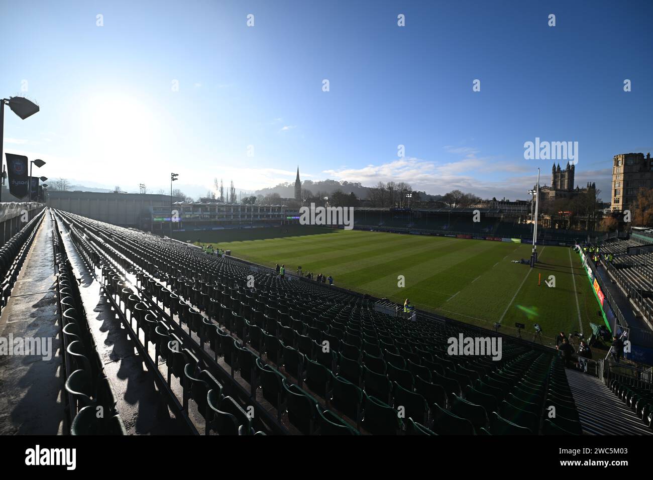 The Recreation Ground, Bath, Royaume-Uni. 14 janvier 2024. Investec Champions Cup Rugby, Bath Rugby versus Racing 92 ; vue du terrain au Rec avec Bath en arrière-plan Credit : action plus Sports/Alamy Live News Banque D'Images