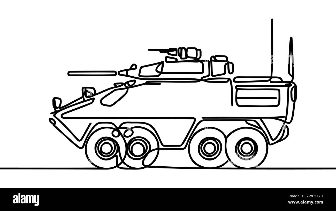 Dessin en ligne continu du réservoir. Une ligne d'art militaire, véhicule blindé de transport de troupes, véhicule de combat d'infanterie. Illustration de Vecteur