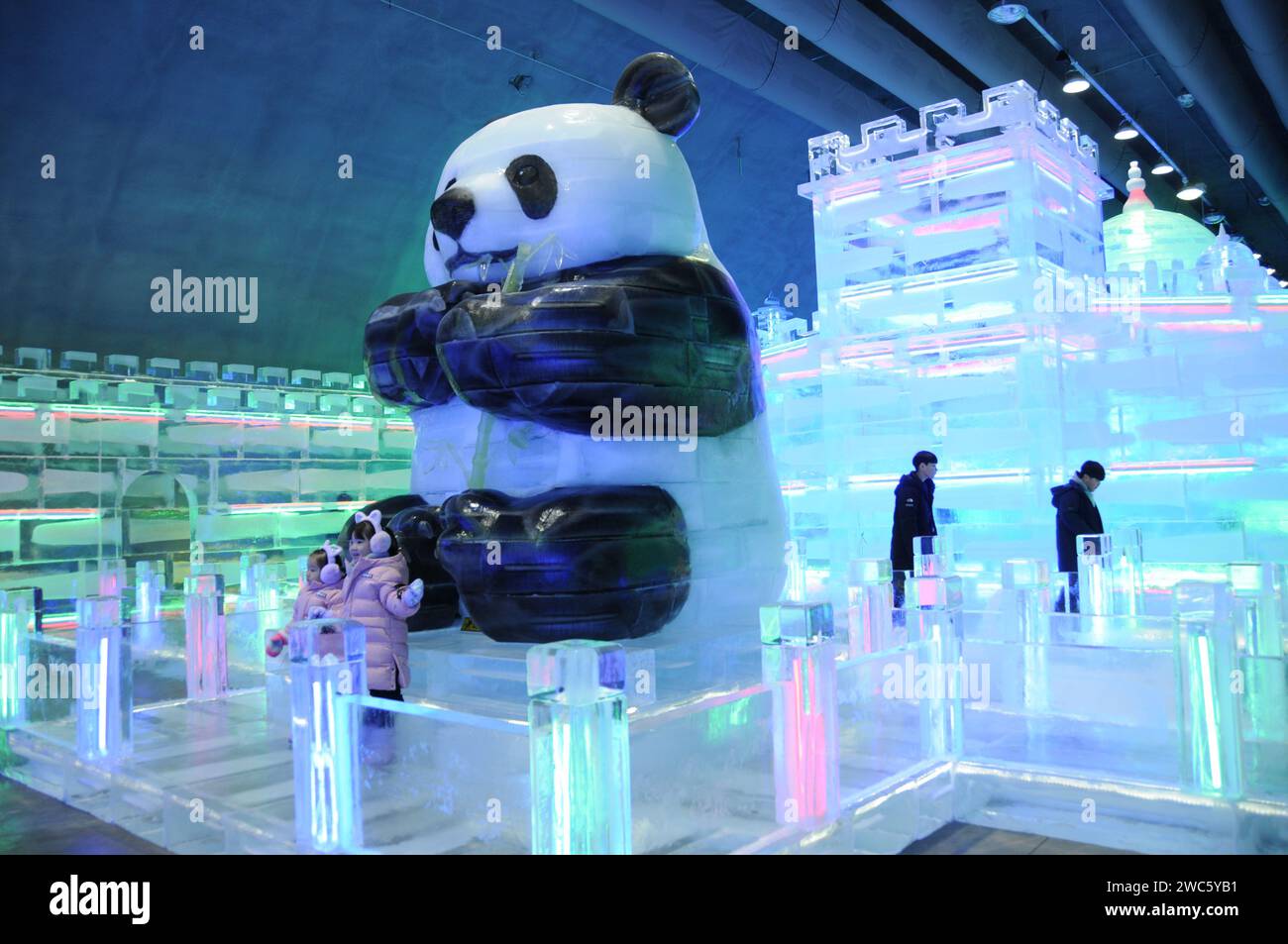 Province de Gangwon, Corée du Sud. 13 janvier 2024. Les touristes voient des statues de glace réalisées par les sculpteurs de glace Harbin lors du festival de glace Hwacheon Sancheoneo dans la province de Gangwon, Corée du Sud, le 13 janvier 2024. Capitale de la province la plus septentrionale de la Chine, Heilongjiang, Harbin est réputée pour être le « joyau de la glace et de la neige » du pays. Cette année, les sculpteurs de glace de Harbin ont été invités à créer des sculptures de glace pour le festival de glace de Hwacheon Sancheoneo, l'un des festivals d'hiver sud-coréens les plus populaires. Crédit : Yang Chang/Xinhua/Alamy Live News Banque D'Images