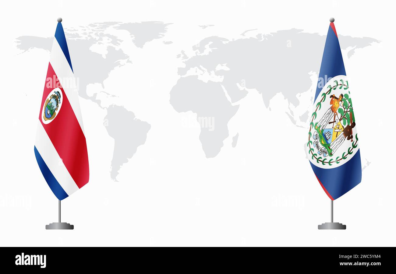 Drapeaux du Costa Rica et du Belize pour la réunion officielle sur fond de carte du monde. Illustration de Vecteur